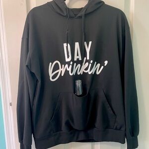 Day Drinkin’ lightweight hoodie with bottle/drink holding pouch, black, soft